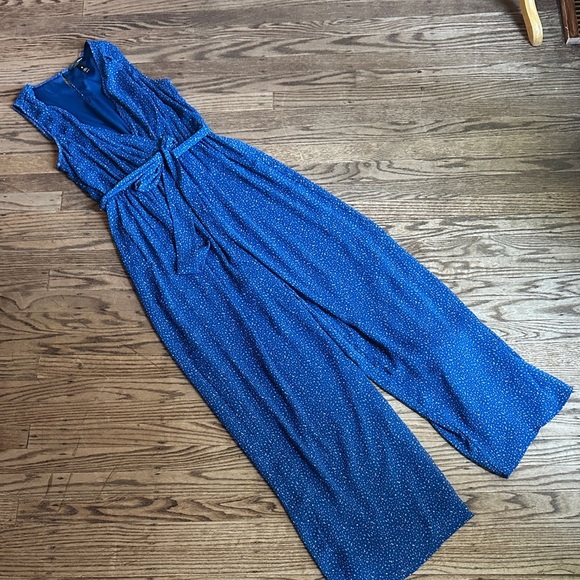 Aqua Pants - Aqua Sheer Jumpsuit Lined V neck Blue and White Medium EUC